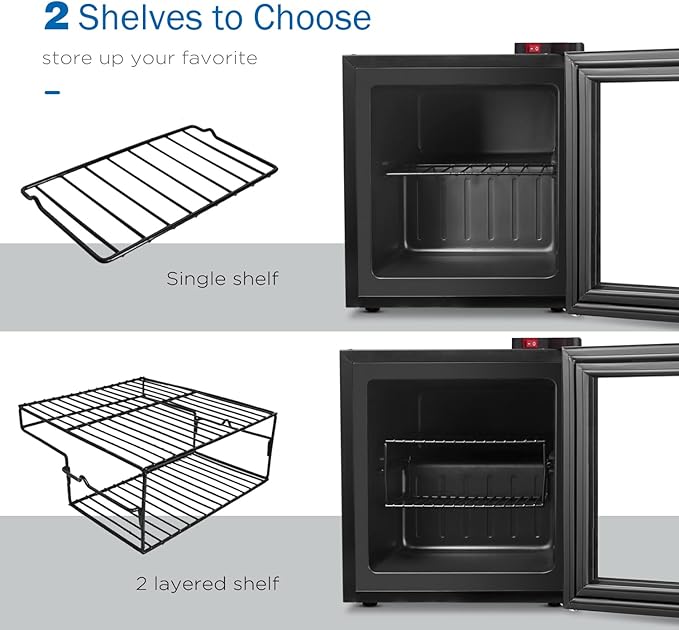 ADT Mini with Display Glass Door 1.1 Cu Ft Small Freezer with 2 Removable Shelves 7 Temperature Settings -8°F to 14°F Perfect for Liquor and Ice Cream