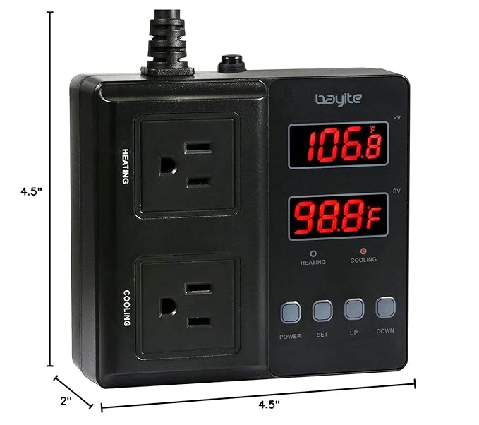 bayite Temperature Controller 1650W 15A BTC211 Dual Digital Outlet Thermostat Plug, Pre-Wired, 2 Stage Heating and Cooling Mode, 110V - 240V, Fermentation BBQ Reptile Aquarium