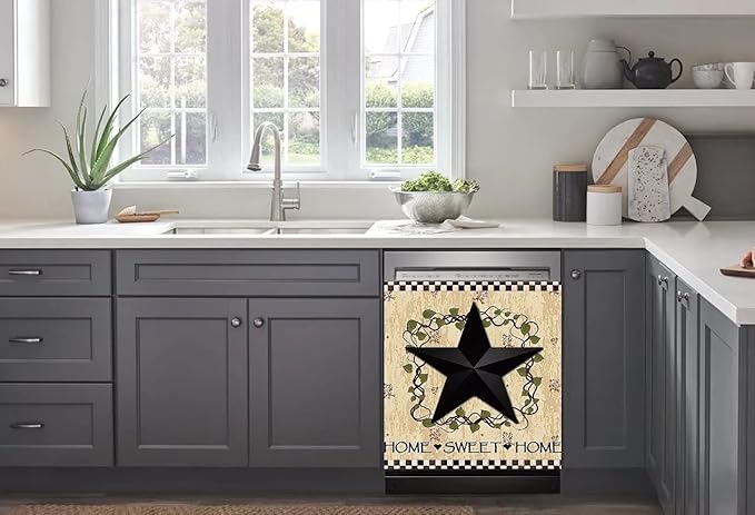 Black Prim Barn Star and Wreath Dishwasher Cover Decorative Magnet Dishwasher Covers for The Front Dishwasher Door Magnet Cover Sticker for Dishwasher Magnetic Dishwasher Cover Panel Decals Kitchen