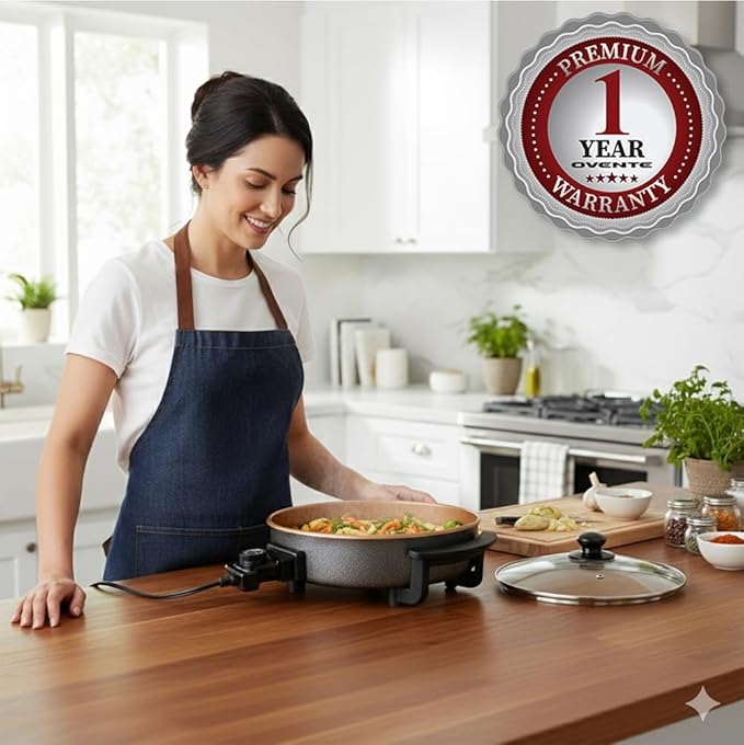 OVENTE 12 Inch Electric Skillet and Frying Pan with Nonstick Coating, 1400W Power, Adjustable Temperature Control, Tempered Glass Lid with Vent and Cool Touch Handles, Copper SK11112CO