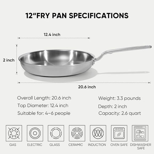 12 Inch Stainless Steel Frying Pan - 5 Ply Stainless Clad Skillet with Aluminum Core, Durable and Even Heating, Professional Cookware for Induction, All Stoves, Oven and Dishwasher Safe