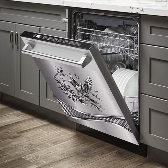 Imitation Stainless Steel Design Bird Pattern Dishwasher Magnet Cover Panel Magnetic Refrigerator Cover Sticker for The Front Door Cover,23W x 26H inchs