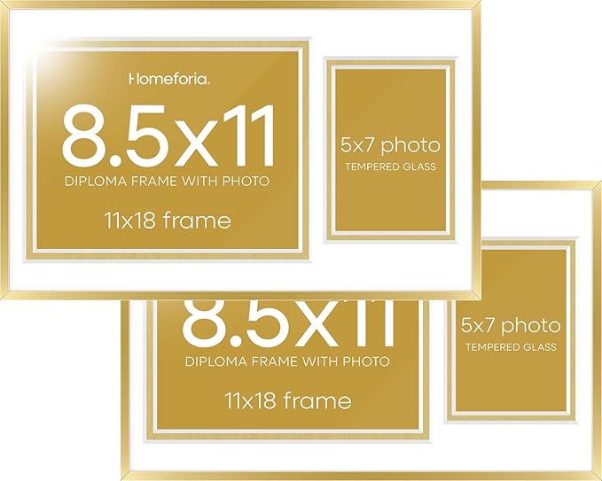 Homeforia 11x18 Gold Diploma Frame with Photo, High End Metal 11 x 18 Certificate Frames with Mat for 8.5 x 11 inches Diploma and 5 x 7 Picture, Award Degree Frames, Tempered Glass, Wall Kit, Set of 2