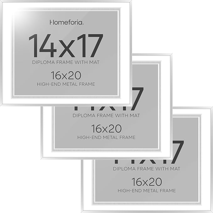 Homeforia 16x20 Diploma Frame Silver, High End Metal 16 x 20 Certificate Frames with Mat for 14 x 17, 20x16 Document Frame Matted to 14x17, Graduation Degree Frames, Tempered Glass, Wall Kit, Set of 3