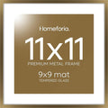 Homeforia 11x11 Picture Frame Brass, High End Metal 11 by 11 Square Bronze Frames with Mat 9 x 9 Photo, 11by11 Poster Frame Matted to 9x9 Print, Wall Hanging Frames, Tempered Glass, Wall Kit, Set of 1