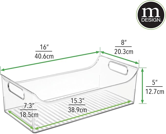 mDesign Slim Plastic Kitchen Pantry Cabinet, Fridge or Freezer Storage Bin with Handles - Organizer Containers for Fruit, Yogurt, Snacks, Pasta - 16" Long - Ligne Collection - 8 Pack - Clear