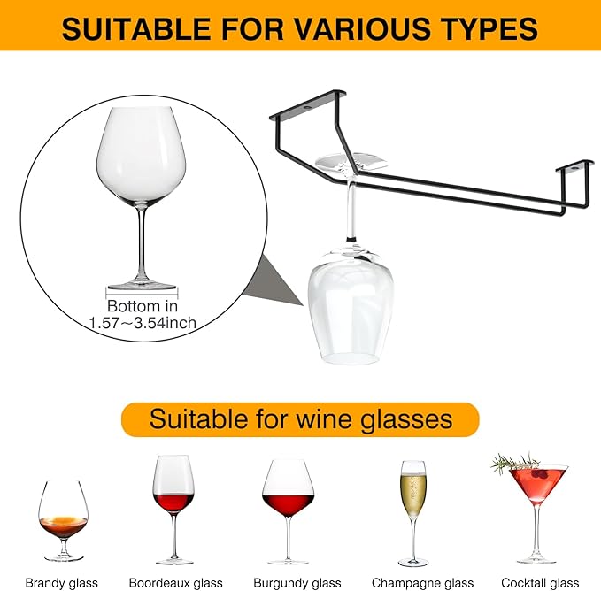 14-Inch Wine Glass Holder - Under Cabinet Metal Stemware Rack for Kitchen Bar - Single Rail Hanging Storage Hanger, Set of 2