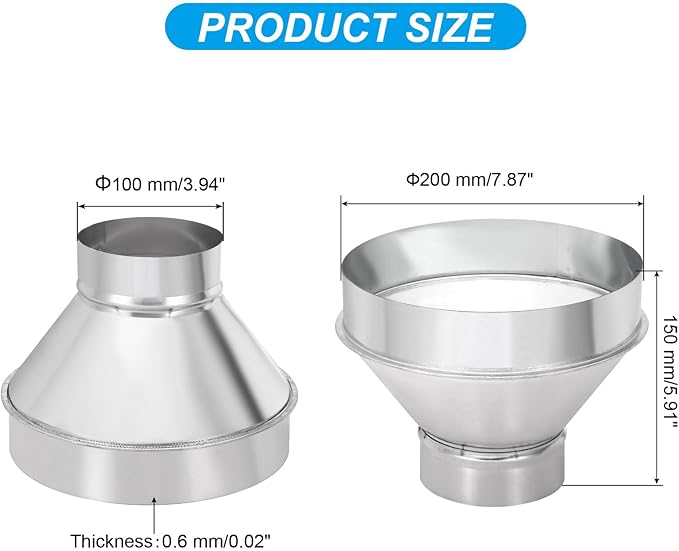 PATIKIL 8 Inch to 4 Inch Round Duct Reducer Increaser Connector, Galvanized Steel Air Duct Adapter Pipe Fitting for Bathroom Kitchen Inline Ventilation Systems, Silver Tone