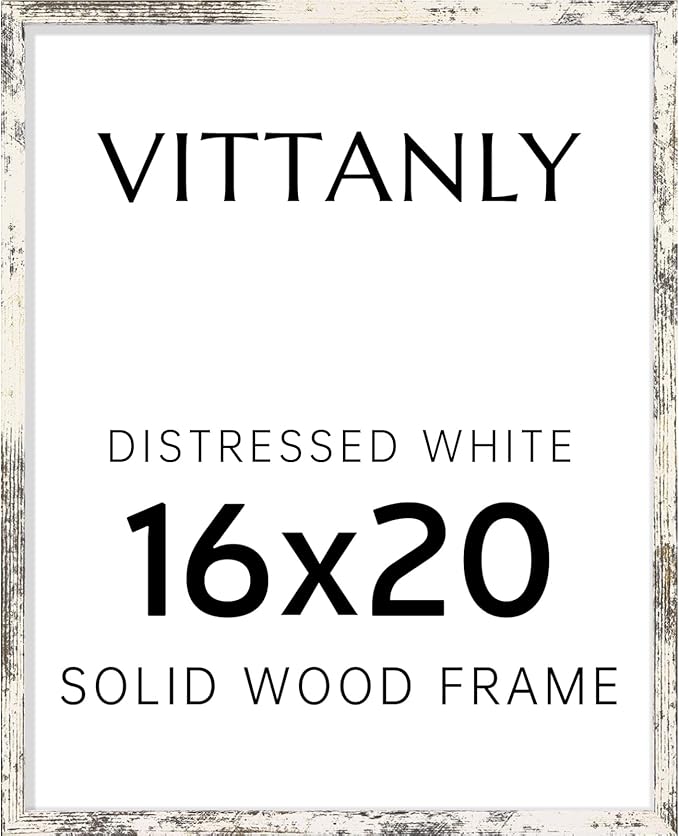 Vittanly 16x20 Picture Frame, Solid Wood Frame with Plexiglass, Includes 11x14 Mat, Wall Hanging for Photos, Home Decor, Distressed White, 1 Pack