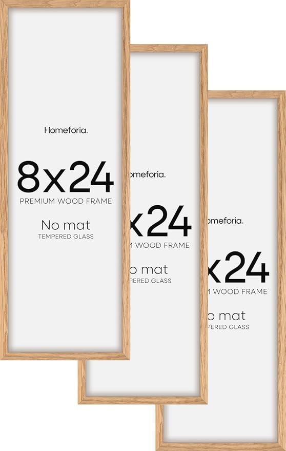 Homeforia 8x24 Panoramic Frame Wooden, High End Natural Oak 8 x 24 Picture Frame Light Wood without Mat, 24x8 Thin Poster Frame for Wall, 8by24 Display Photo Frames, Tempered Glass, Wall Kit, Set of 3