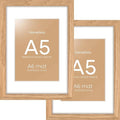 Homeforia A5 Wood Picture Frame, High-End Natural Oak 5.8x8.3 Frame Matted to 4.1x5.8 inch Photo, A5 Size Wooden Frames with Mat A6 for Art, 5.8 x 8.3 Poster Frames, Tempered Glass, Wall Kit, Set of 2