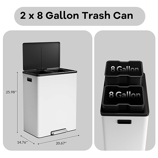 16 Gallon Dual Compartment Trash Can - Stainless Steel Kitchen Recycling Bin with Double Removable Inner Buckets, Step Pedal, Soft-Close Lid, Rectangular White Garbage Can for Efficient Waste Sorting
