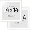 Homeforia 14x14 White Picture Frame, High End Oak 14 x 14 Square Wood Frames with Mat 12 by 12 inches Photo, 14by14 White Wooden Poster Frames Matted to 12x12 Print, Tempered Glass, Wall Kit, Set of 2