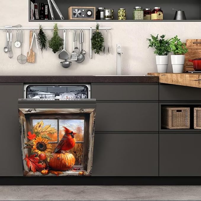 Dishwasher Magnetic Cover, Cardinal Bird Dishwasher Magnet Kitchen Decor, Pumpkin Dishwasher Cover Magnetic Refrigerator Sticker Holiday Decal, 26"x17"