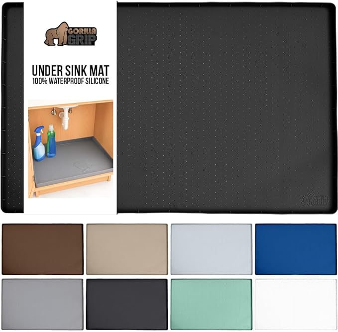 GORILLA GRIP Waterproof Silicone Under Sink Mat with Raised Lip for Kitchen and Bathroom, 34 x 22 in, Cabinet Shelf Liner Stay in Place Mats Dishwasher Safe Drawer Liner, Organizer Tray, Black