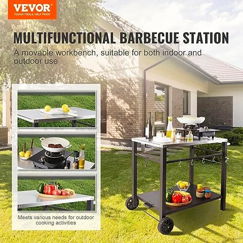 VEVOR Outdoor Grill Cart with Double-Shelf, BBQ Movable Food Prep Table with PVC Placemat, Black Iron Table Top, Portable Modular Carts for Pizza Oven, Worktable with 2 Wheels, Carry Handle