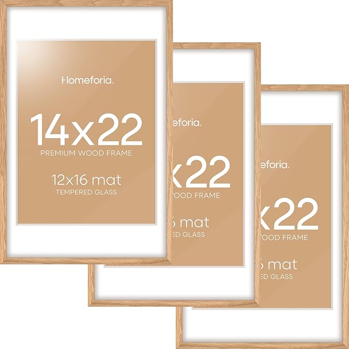Homeforia 14x22 Picture Frame Wood, High End Natural Oak 14x22 Light Wooden Poster Frame with Mat 12x16, 14 x 22 Frames Matted to 12 x 16 Photo, 22x14 Hanging Frame, Tempered Glass, Wall Kit, Set of 3