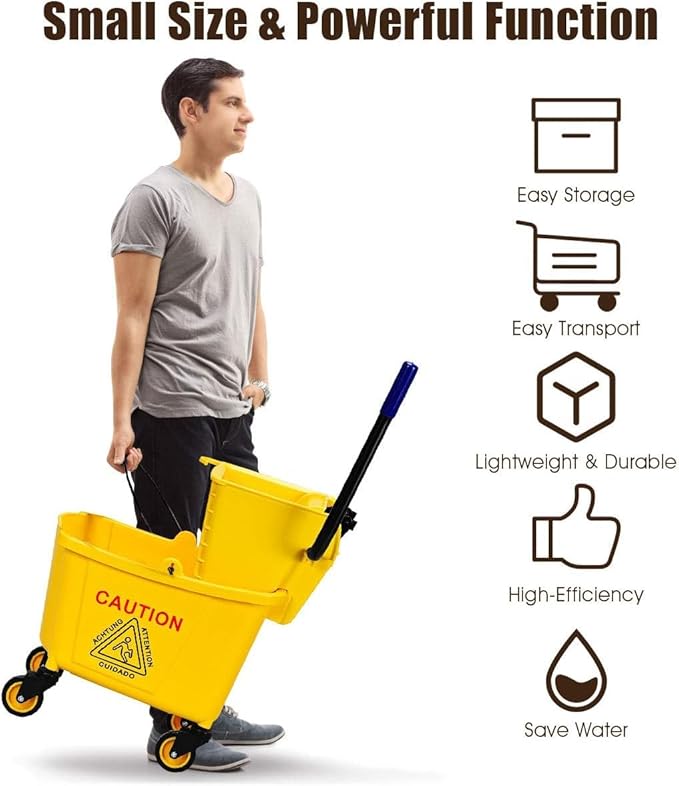 Mop Bucket, Commercial Bucket for Mopping on Wheels with Potable Handle, Mop Bucket with Wringer for Home, Household, Office, Bathroom, Yellow (25 Quarts)
