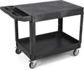 Large Heavy Duty Plastic Utility Service Cart Flat top 45.8 x 25 Inch, Work Cart Flat Shelves Holds up to 550 lbs - 2 Tier Service Cart with 360°Swivel Wheels (2 with Brakes) Black