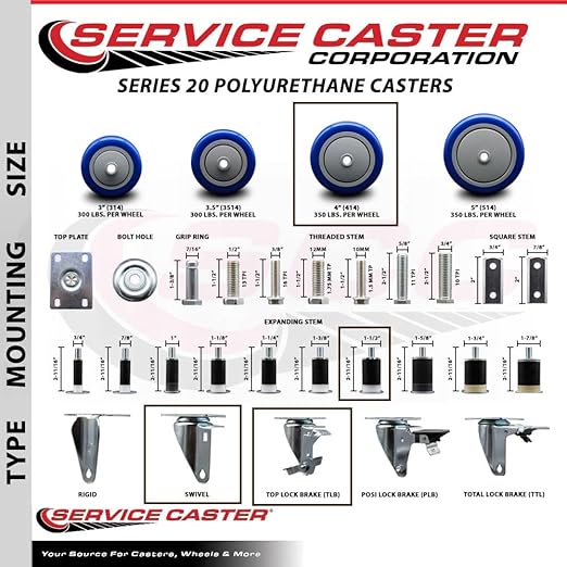Service Caster Brand Replacement Set for Uline Casters - Swivel 1-1/2 Inch Expanding Stem Casters with 4 Inch Blue Polyurethane Wheel-Includes 4 Swivel Casters and Brakes - Fits Uline Worktable H-5746