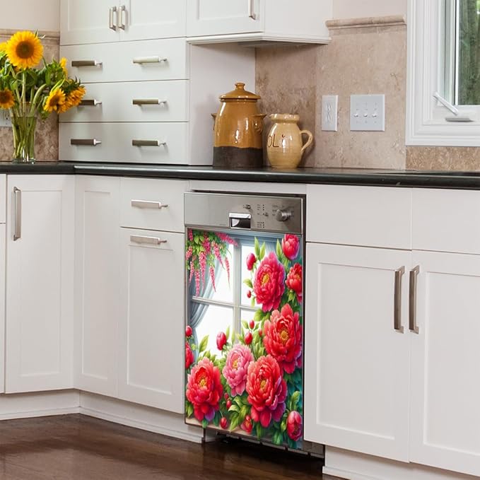 Dishwasher Magnet Cover Flower Red Beautiful Dishwasher Decorative Cover Front Dishwasher Door Cover Reuseable Dishwasher Cover Panel Decal for Kitchen Refrigerator Home Appliances 23" X 26"