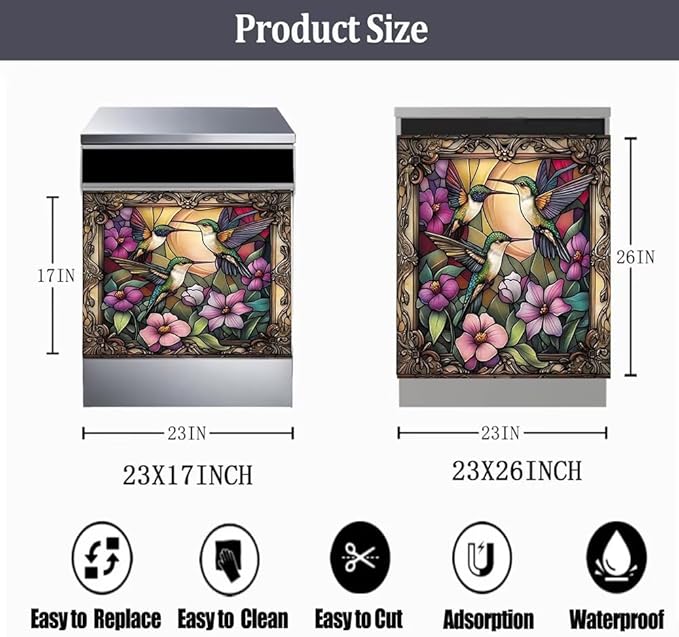 Stained Glass Hummingbird Dishwasher Cover, Flower Dishwasher Magnet Covers Decorative for The Front, Magnetic Refrigerator Cover Fridge Decal, Dish Washer Magnet Appliance Sticker, 23"X17"