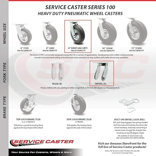 Service Caster Brand Replacement Caster for Uline Caster H-3328GR-S - Swivel Top Plate Caster with 8 Inch Gray Pneumatic Wheel - Heavy Duty Replacement - Fits Platform Trucks and Utility Carts H-2505