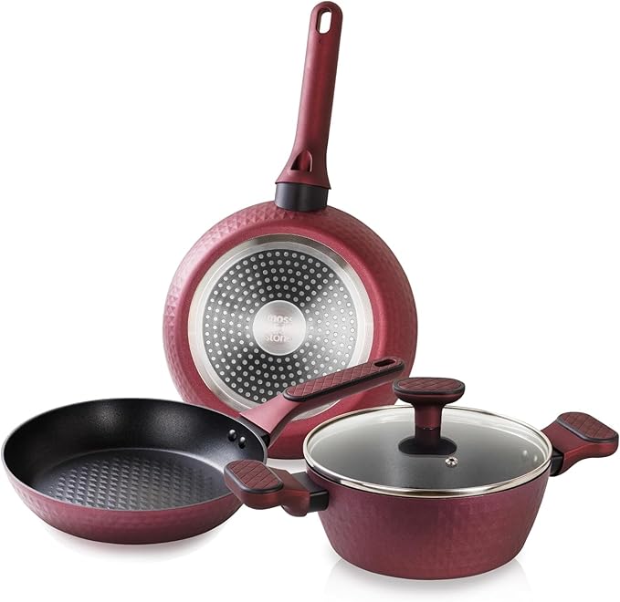 Moss & Stone 4 Piece Nonstick Cookware Set, Small Pots And Pans Set Non stick With Glass Lid, Induction Cookware, Stay Cool Handle, PTFE/PFOA, Kitchen Cookware 4-Piece with Frying Pans Set & Saucepan
