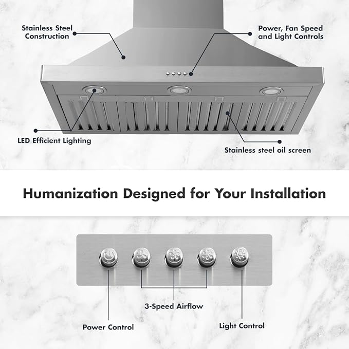 Upgraded 48 inch Wall Mount Range Hood Vent Convertible Dual Motors 1500CFM Stainless Steel for Kitchen 3 Speed Exhaust Fan ETL listed (Upgraded Dual Motors)