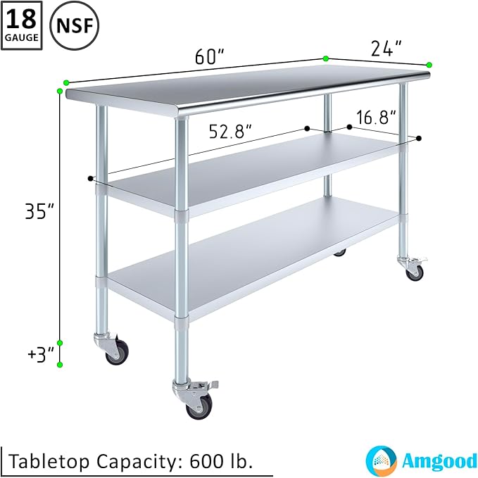 AmGood Stainless Steel Work Table with 2 Shelves and Casters | Metal Utility Table On Wheels (Stainless Steel Work Table with 2 Shelves + Casters, 60" Long x 24" Deep)