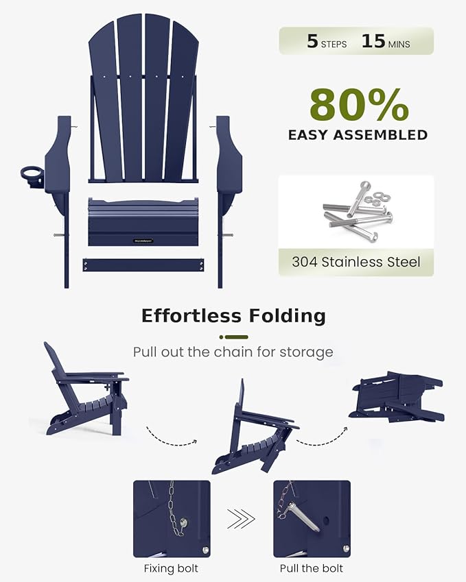 MUCHENGHY Folding Adirondack Chairs Set of 2, Patio & Outdoor Chairs, Plastic Weather Resistant with Cup Holder for Deck, Backyard, Garden (Dark Navy Blue)