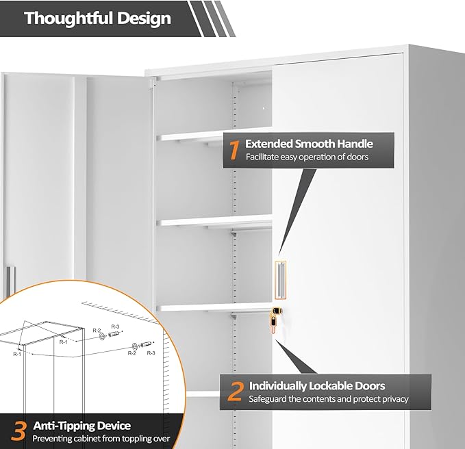 VINGLI Large Metal Storage Cabinet with 2 Doors and 5 Adjustable Shelves, Upgraded Height & Wide & Deep, 43''W x 20''D x 72''H, Oversized Garage Storage Cabinet with Wheels and Locks (White)