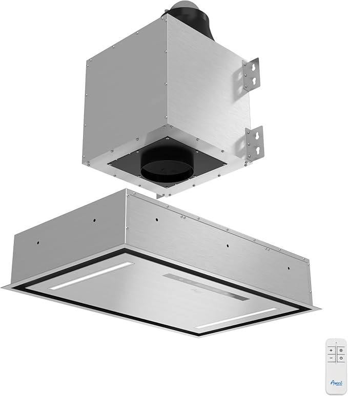 Awoco 30”W Flush Ceiling Mount Split Insert Range Hood, Stainless Steel 4 Speeds 800 CFM, 6” Round Vent LED Lights Remote Control (30"W 19"D 6" Vent)