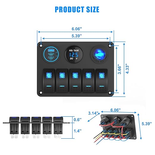 Marine Boat Switch Panel Waterproof, 5 Gang Marine Rocker Switch Aluminum Panel with 3 Port 66W 12V USB Outlet Car Charger, 150W Cigarette Lighter Socket and Blue LED Voltmeter for Truck Car RV, etc.