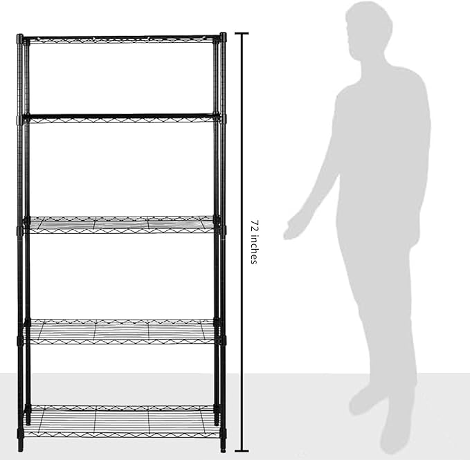 Amazon Basics 5-Shelf Steel Wire Rack Storage, 36" L x 14" W x 72" H, Black | Heavy Duty, Adjustable, for Kitchen, Garage, Shelving Organizer
