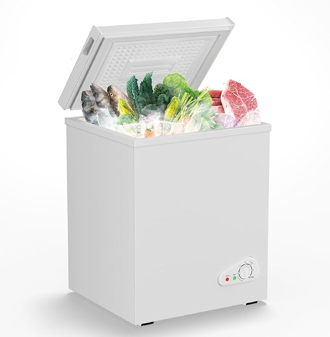 TABU 5.0 Cubic Feet Chest Freezer, Compact Freestanding Deep Freezer with 7 Level Adjustable Thermostat & Removable Basket,Top Opening, Low Noise(White, 5.0 Cu.Ft.)