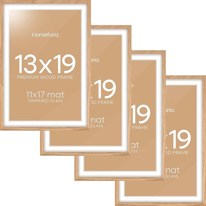 Homeforia 13x19 Picture Frame Wood, High End Natural Oak 13x19 Light Wooden Poster Frame with Mat 11x17, 13 x 19 Frames Matted to 11 x 17 Photo, 19x13 Hanging Frame, Tempered Glass, Wall Kit, Set of 4