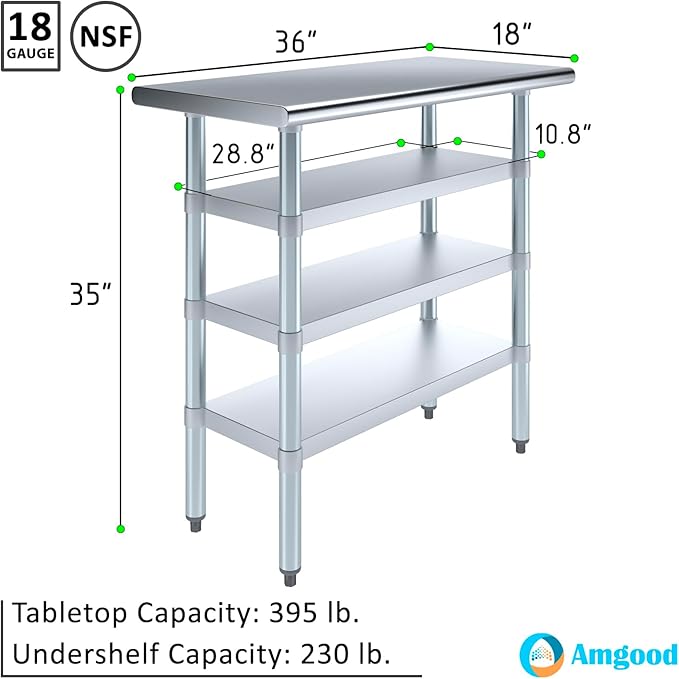 18 in. x 36 in. Stainless Steel Work Table with Three Bottom Shelves | NSF Kitchen Prep Table | Utitly Metal Table