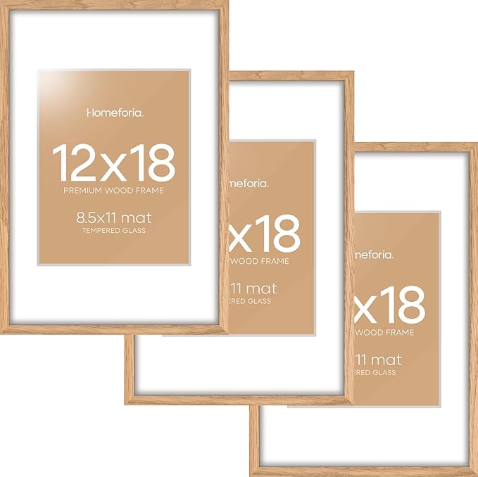 Homeforia 12x18 Picture Frame Wood, High End Natural Oak 12x18 Light Wooden Poster Frame with Mat 8.5x11, 12 x 18 Frames Matted to 8.5 by 11 Photo, 18x12 Thin Frame, Tempered Glass, Wall Kit, Set of 3