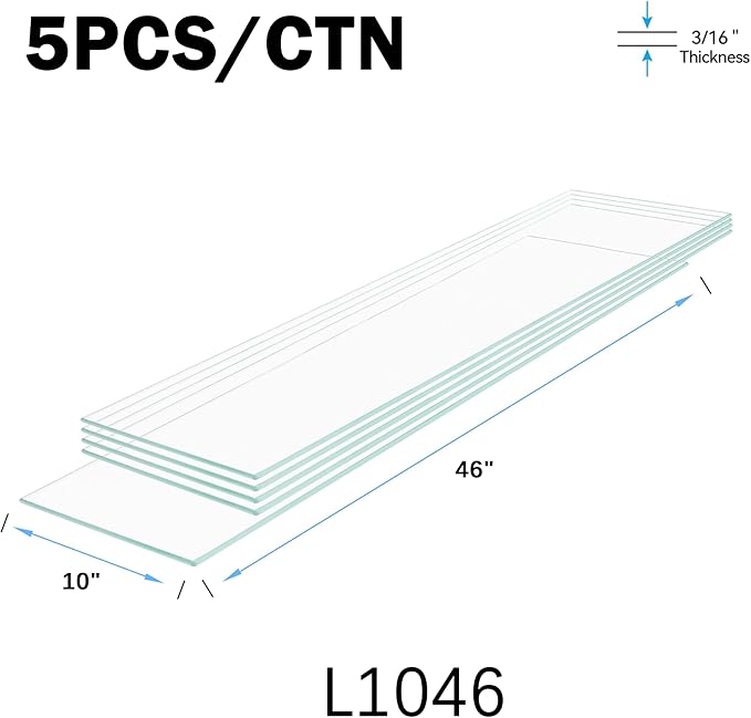 Floating Shelves - Pack of 5 Tempered Glass Shelves, 10" W x 46" L, 3/16" Thick, Polished Edges-– Rectangular Replacement Shelves for Cabinets, Display Cases & Retail Fixtures