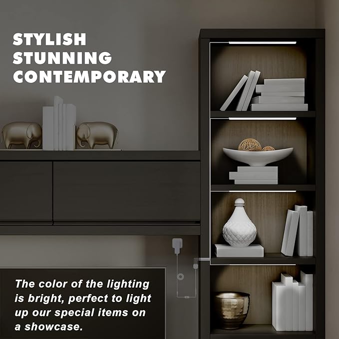 JUSJUBR Black Shell Display Case Lights, LED Lights for Display Case with Memory Function, 4x12 Inch Bookshelf Lighting, LED Cabinet Lights for Shelf, Cold White 6000K