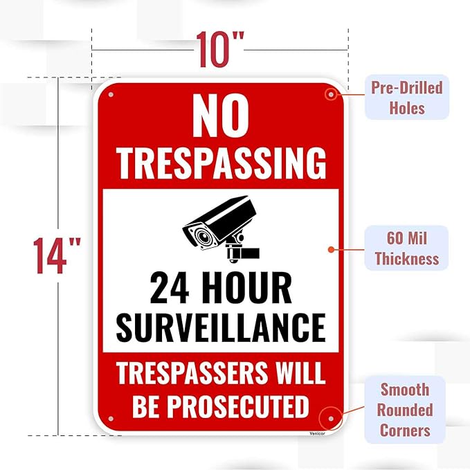 2PC 24 Hour Surveillance Sign, 14 x 10 Inches - Aluminum - Private Property No Trespassing - Security Camera Metal Warning Sign