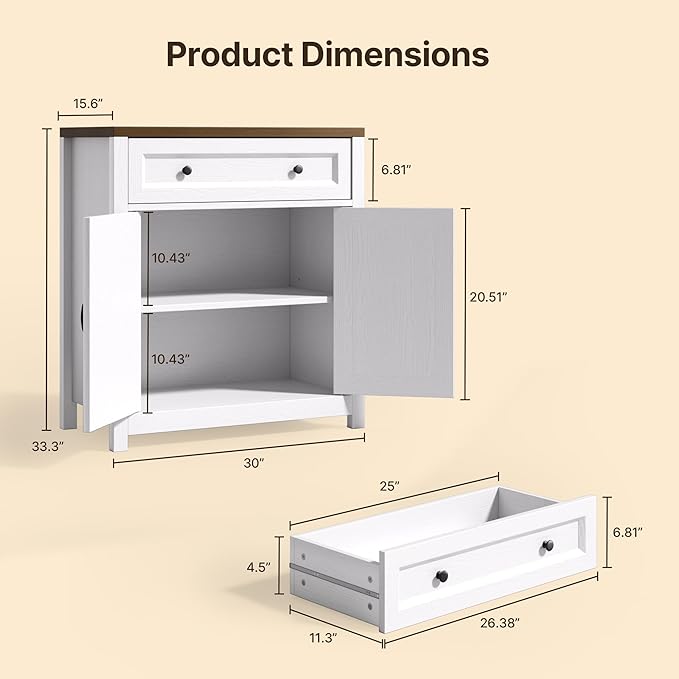 Gizoon Kitchen Storage Cabinet with Adjustable Shelf, Farmhouse Coffee Bar Sideboard Buffet with Large Drawer, Barn Door, 30"W x 15.6"D x 33.3"H Freestanding Cabinet for Kitchen, Living Room, Entryway