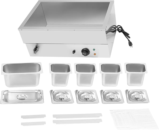 DYNAMI 110V 1500W Commercial Buffet Food Warmer,Large Capacity 5 Pan(1.7Gal+0.8Gal*4) Stainless Steel Electric Countertop Steam Table with Intelligent Thermostat Design,for Parties Buffet Catering
