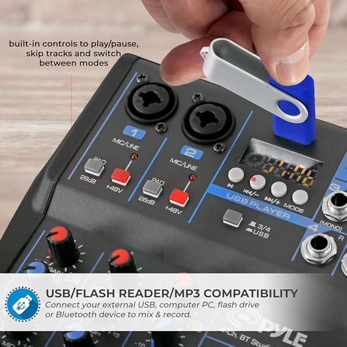 Pyle Professional Audio Mixer Sound Board Console System- Interface 4 Channel Digital USB Bluetooth MP3 Computer Input 48V Phantom Power Stereo DJ Studio Streaming FX 16-Bit DSP Processor- PMXU43BT.5