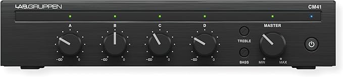 Lab Gruppen CM41 Commercial Mixer, 4 Inputs and 1 Output, 4 Mic/line Inputs with Individual Volume Controls, Configurable Priority Muting Function, Front Panel Power Control Button, Aux Output