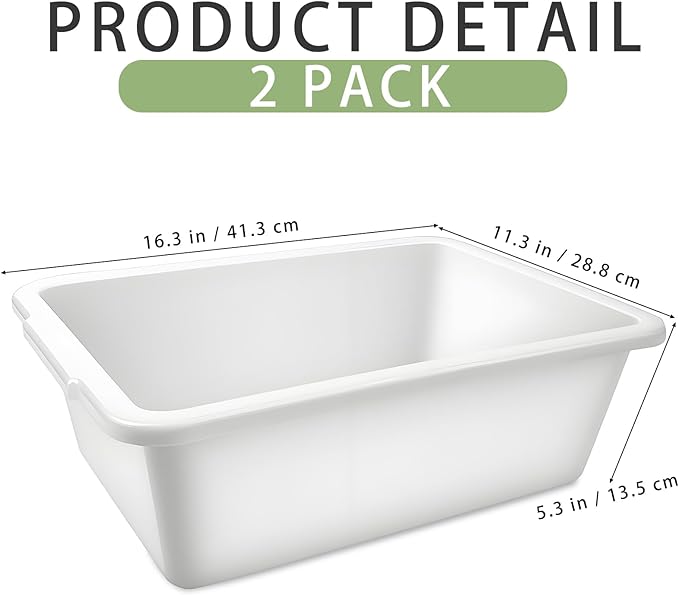 2 Pack Plastic Dish Pans, 12 Quarts White Rectangle Dishpan Basins, Large Capacity Wash Basin Tub with Handles for Kitchen Sink, Bathroom Washing, Soaking and Storage Supplies