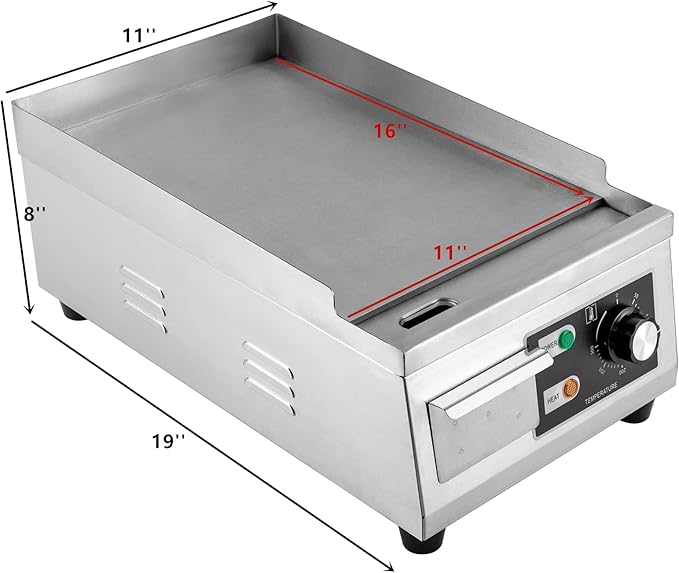 Commercial Electric Griddle 110V 1300W Electric Flat Top Griddle Non-Stick Teppanyaki Grill, 21'' x 12'' Cooking Plate, Stainless Steel Restaurant Electric Countertop Griddle Tabletop Grill