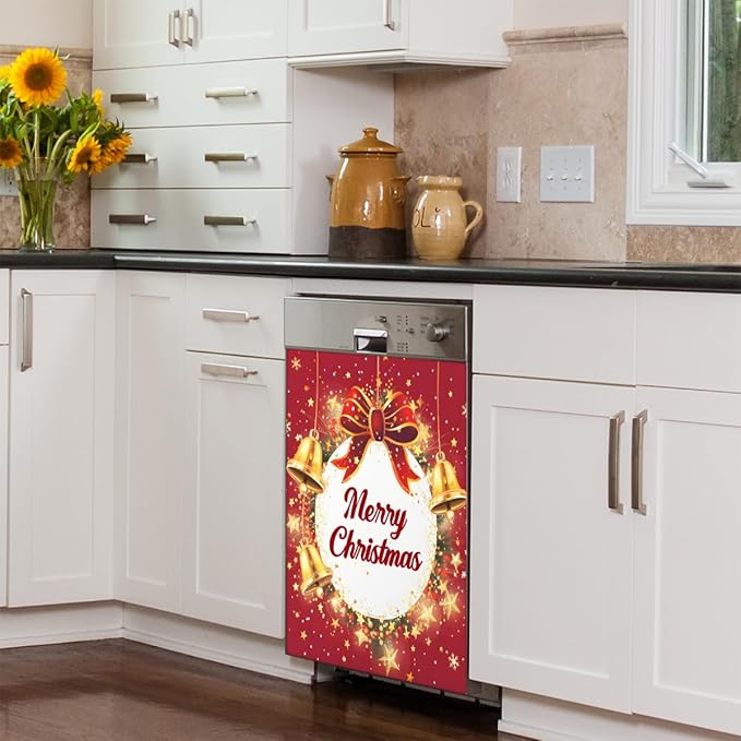 Merry Christmas Bell Bow Dishwasher Magnet Cover, Reusable Refrigerator Panel Stickers Microwave Front Door Covers Magnets for Kitchen Home Appliances Holiday Party Decorations 23 X 26 in