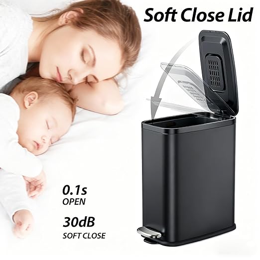 1.6 Gallon Bathroom Trash Can with Lid Step Pedal, Soft Close, Small Black Stainless Steel Garbage Can with Removable Inner Bucket, Slim Fit for Narrow Spaces Bedroom Office
